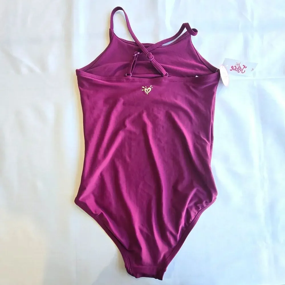 Justice UPF 50+ girls maroon one piece swimsuit w/rhinestone accents /14 (US)